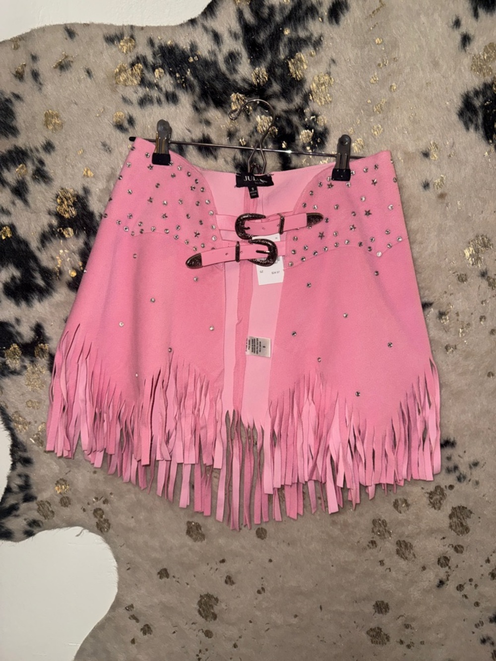 Studded Pink Fringe Belted Mini Skirt